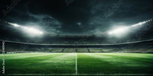 cinematic view of an empty stadium with perfect lawn and dramatic spotlights. 