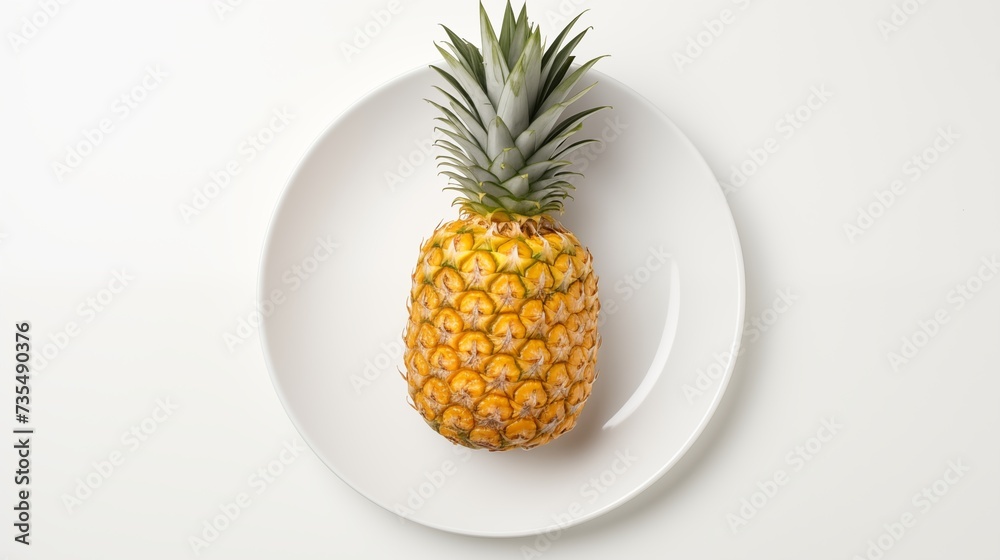 Pineapple, on a white round plate, on a white background, top view Pineapple, on a white round plate, on a white background, top view