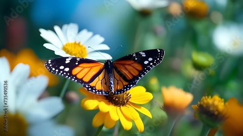 Macro shot of Monarch butterfly on morning flower with blurred background