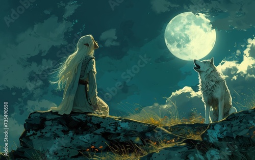 elfa dai capelli bianchi che ulula alla luna insieme ad un lupo bianco photo