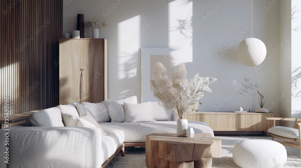 Scandinavian living room design with minimalist furniture and cozy home decor