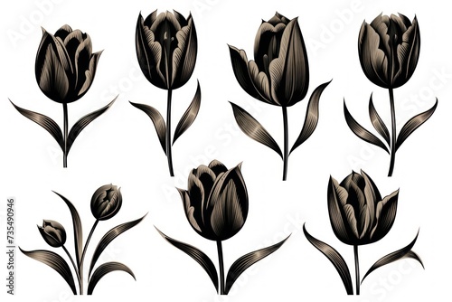 Vector set of golden and black different tulips pattern on white background. Funeral flowers, memorial or grieving card concept. #735490946