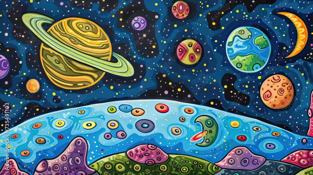 Naklejka premium A universe with planets and stars. Abstract colorful wallpaper in cartoon style.
