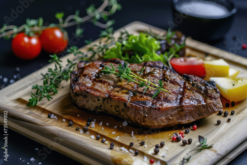 Juicy grilled steak with fresh herbs and salad on wooden board for gourmet dinner
