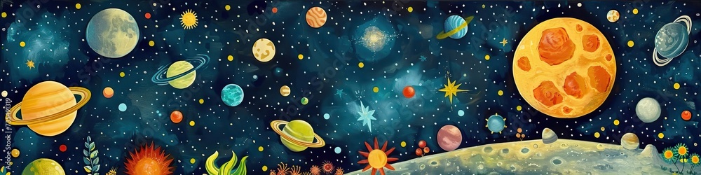 Fototapeta premium A universe with planets and stars. Abstract colorful wallpaper in cartoon style.