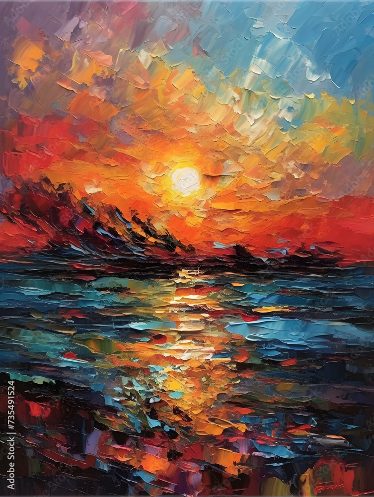 Fototapeta premium oil painting, sunset sky and sea