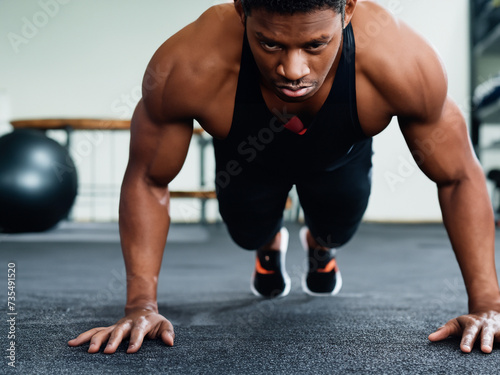 Athletic Man Doing Push Ups Training in Gym