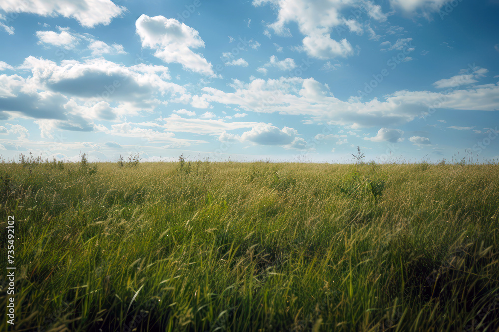 Serene open field with green grass and cloudy sky landscape Serene open field with green grass and cloudy sky landscape