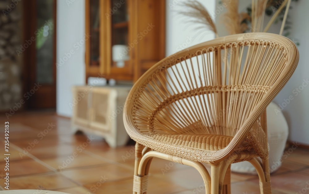 Wicker rattan chair in the living room of a country house