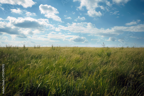 Serene open field with green grass and cloudy sky landscape