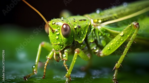 Detailed macro image of a grasshopper eyes on a fresh green leaf with morning dew