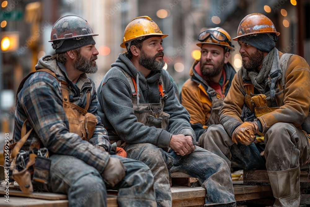 A small group of construction workers sitting on top of a wooden bench during a break. A small group of construction workers sitting on top of a wooden bench during a break.