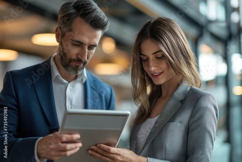 A man and a woman are seen looking at a tablet device as they engage in a conversation.