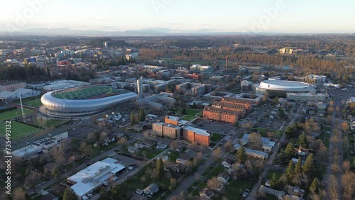 View of college campus from the sky during sunset