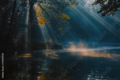 Enchanting mystical forest bathed in sunbeams and green foliage