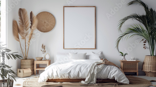 Serene bedroom interior with blank canvas and minimalistic decor