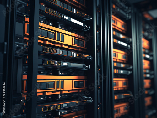 Camera slowly moving in data center showing server equipment with flickering light indicators, close up view. Seamlessly looped photorealistic 3D render animation