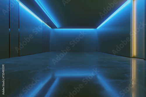 Futuristic blue neon interior in modern architectural space