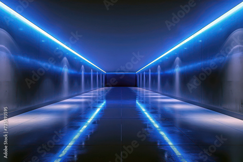 Futuristic blue neon interior in modern architectural space © BraveSpirit