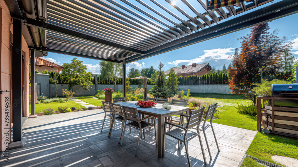 Luxurious outdoor dining area with pergola and garden views