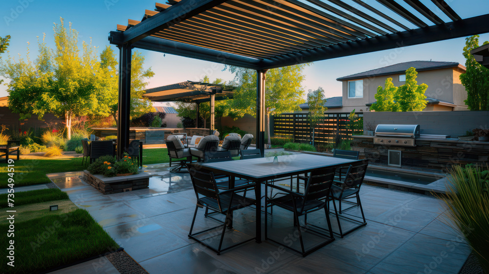 Fototapeta premium Luxurious outdoor dining area with pergola and garden views