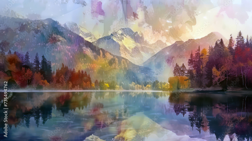 Serene mountain lake reflecting autumn leaves in a forest landscape