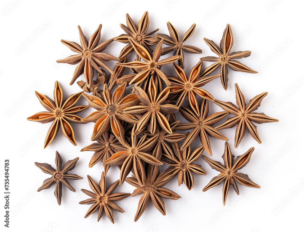 A detailed close-up of star anise spice, isolated against a white background, showcasing its unique star shape and rich brown color. A detailed close-up of star anise spice, isolated against a white background, showcasing its unique star shape and rich brown color.