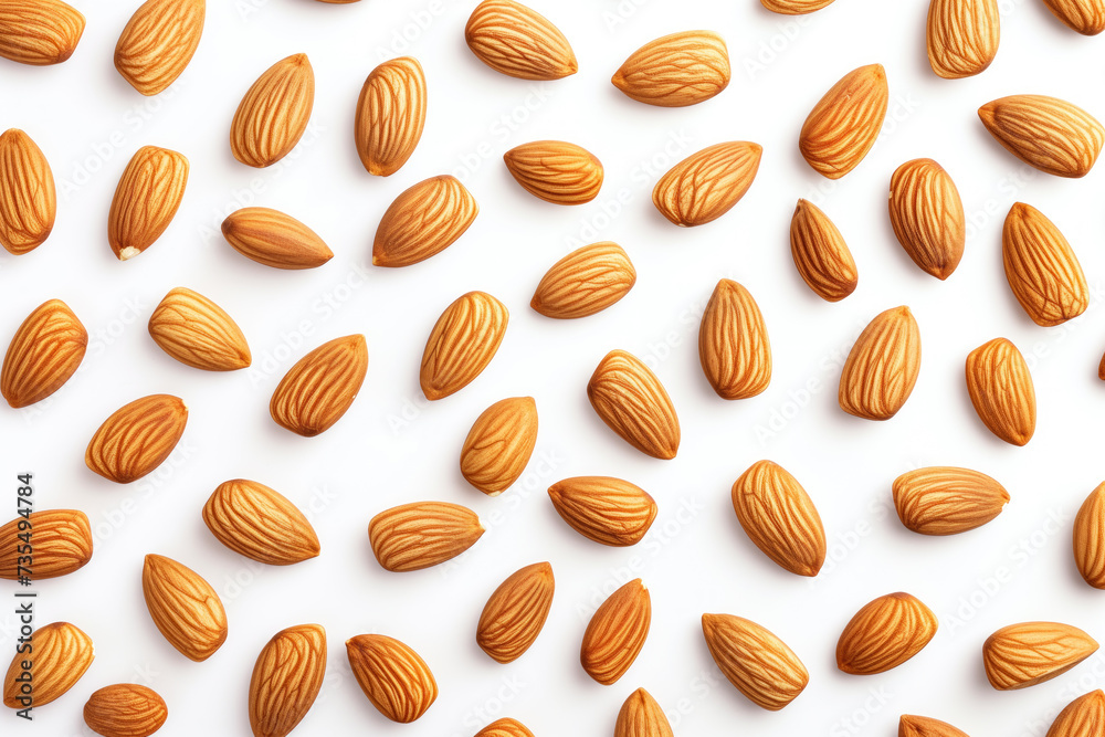 A close-up view of almonds artistically scattered on a white background, showcasing their natural texture.