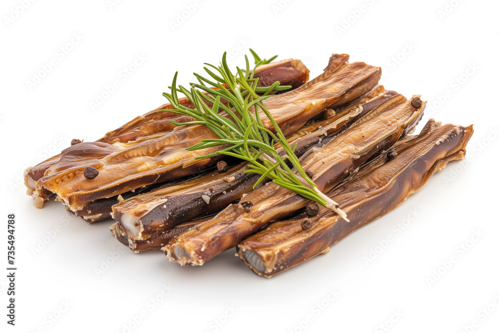 A close-up image featuring anchovy fish sticks garnished with rosemary. This culinary presentation showcases seafood, dried fish, and fresh ingredients. A close-up image featuring anchovy fish sticks garnished with rosemary. This culinary presentation showcases seafood, dried fish, and fresh ingredients.