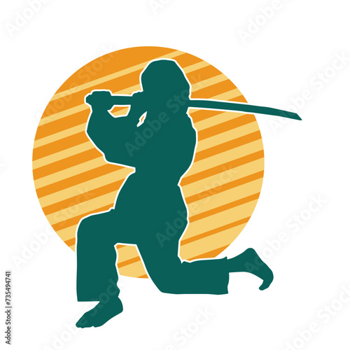 Silhouette of a female fighter in action pose carrying sword weapon.
