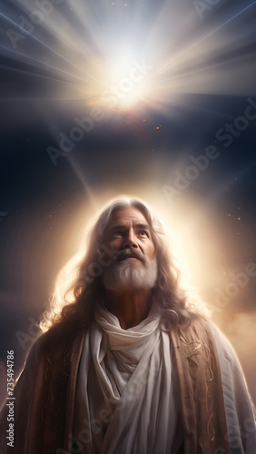 Portrait of a Prophet with long gray hair and gray beard  bright light behind him  dark background  copy space  vertical background 9 16  