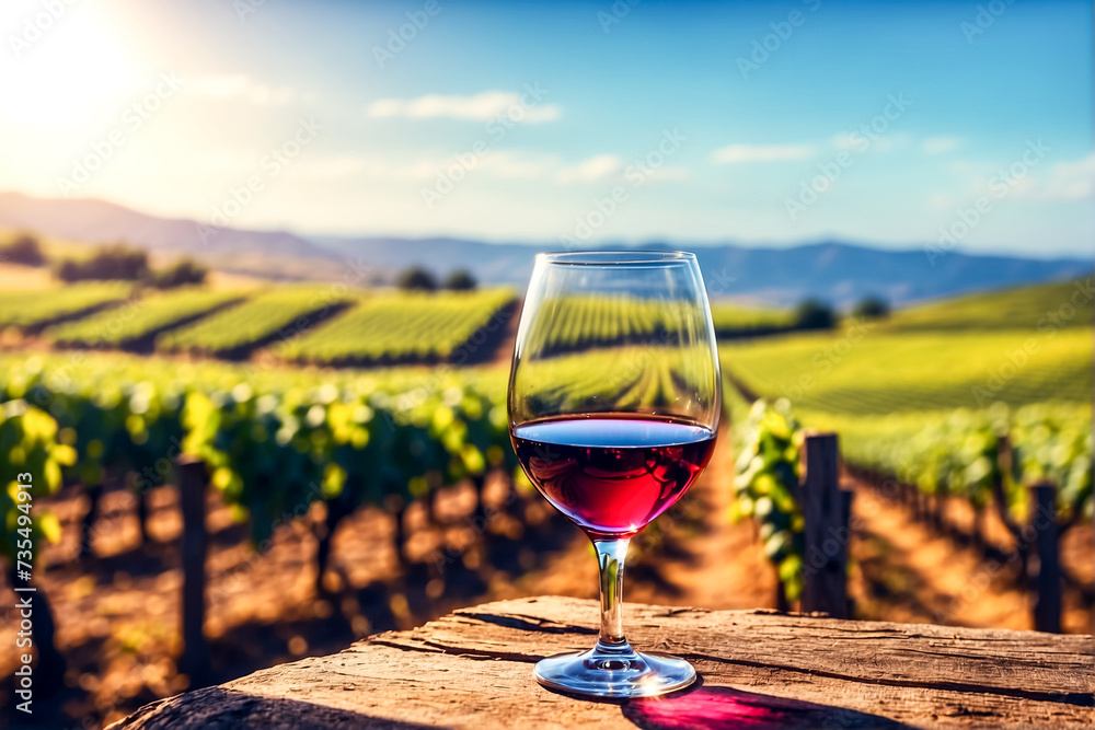 Red wine in a glass on a wooden table, in the background a landscape of a vine.