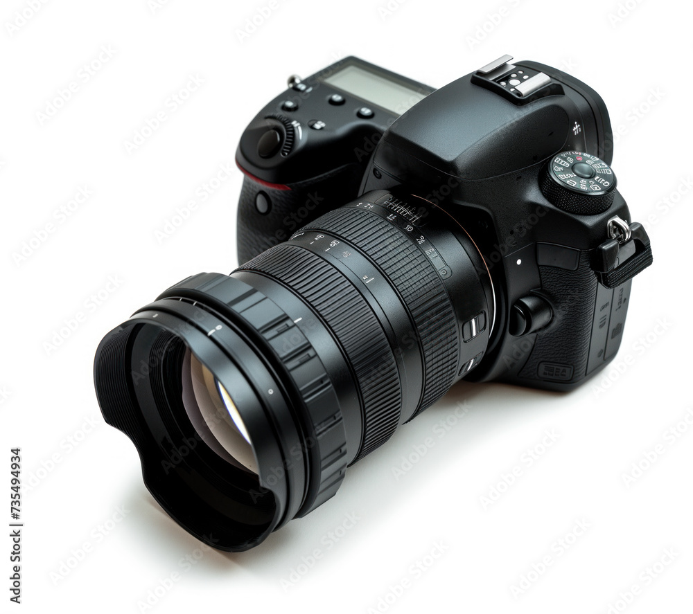 A sleek, professional DSLR camera with a zoom lens, captured in high detail against a pristine white background with copyspace. Ideal for concepts of photography, technology, and art. A sleek, professional DSLR camera with a zoom lens, captured in high detail against a pristine white background with copyspace. Ideal for concepts of photography, technology, and art.