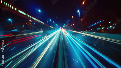 Bright city lights at night with long exposure of traffic