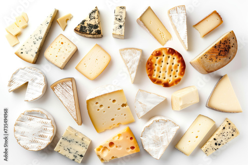 A delightful assortment of gourmet cheeses, artistically arranged, showcasing a variety of textures and flavors.