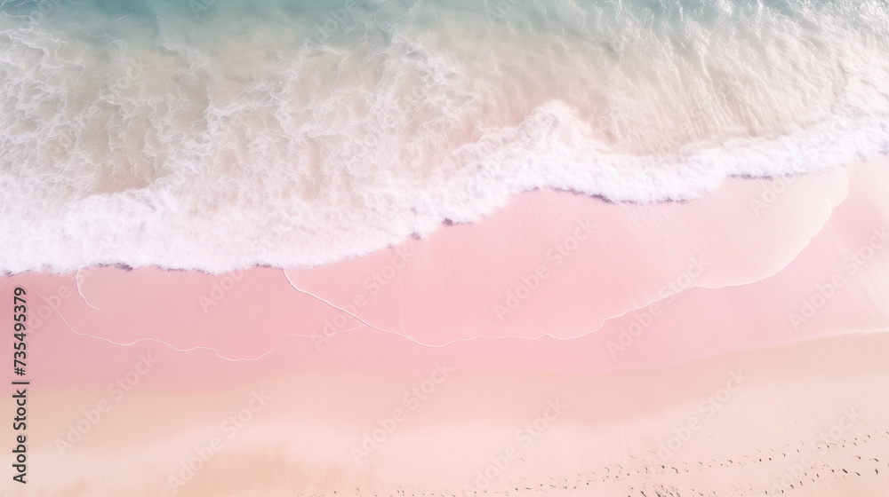 Fototapeta premium Serene Pink Sand Beach With Crystalline Waters From Above. Background, wallpaper.