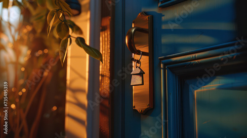 House key in the lock of the front door of an apartment building