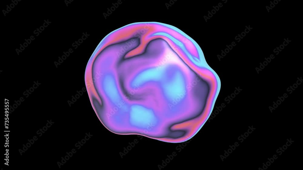 abstract iridescent orb liquid shape 3d animation loop. can be used to represent plasma morphing blob, psychedelic colorful bubble or alpha channel smooth form