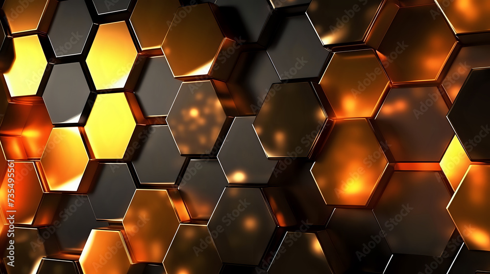 Glowing Hexagonal Elegance. An exquisite pattern of hexagonal tiles in shades of black and glowing amber, perfect for luxury branding and modern design. Glowing Hexagonal Elegance. An exquisite pattern of hexagonal tiles in shades of black and glowing amber, perfect for luxury branding and modern design.