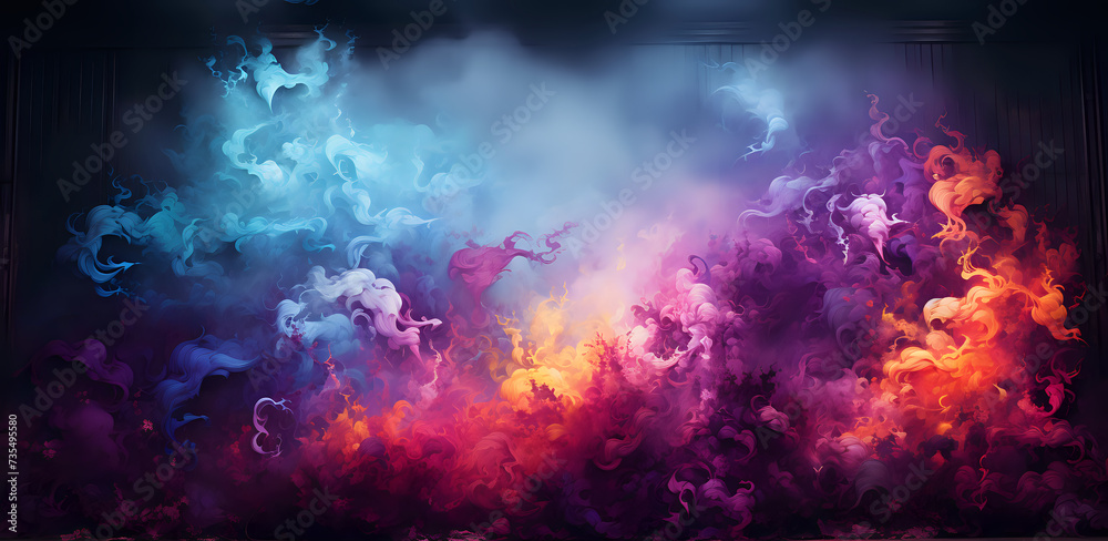 Vivid Spectrum Smoke Art on Dark Stage Backdrop. Dynamic swirls of multicolored smoke against a dark stage setting, perfect for vibrant background graphics and creative design projects.