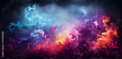 Vivid Spectrum Smoke Art on Dark Stage Backdrop. Dynamic swirls of multicolored smoke against a dark stage setting, perfect for vibrant background graphics and creative design projects.