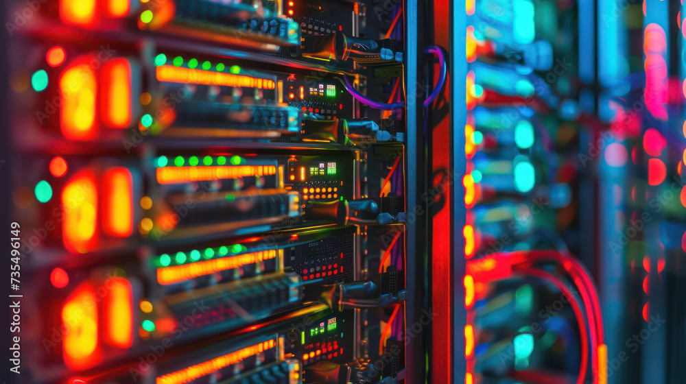 A bright server room with network cables and LED lights in a data center