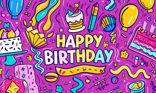 a colorful birthday design with confetti  cake and balloons Generative AI