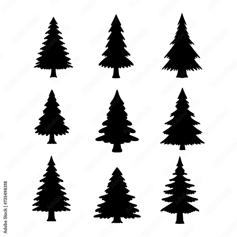 Obraz premium Isolated Pine on the white background. Pine silhouettes. Tree hand drawn. Vector EPS 10. 