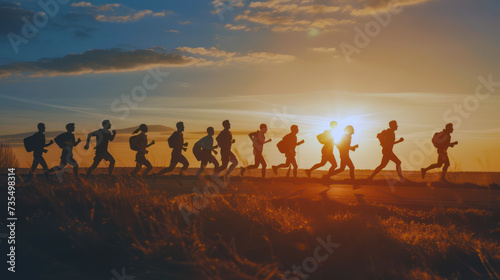 Marathon runners run at sunset