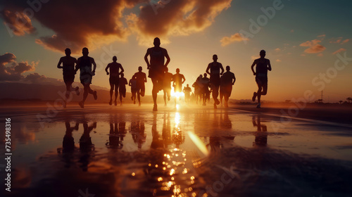 Marathon runners run at sunset © BraveSpirit