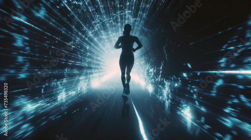 Futuristic runner in neon tunnel
