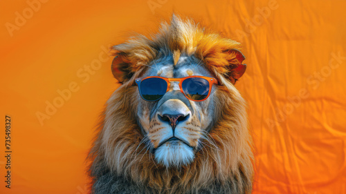 Cool lion in sunglasses of a monochrome orange shade