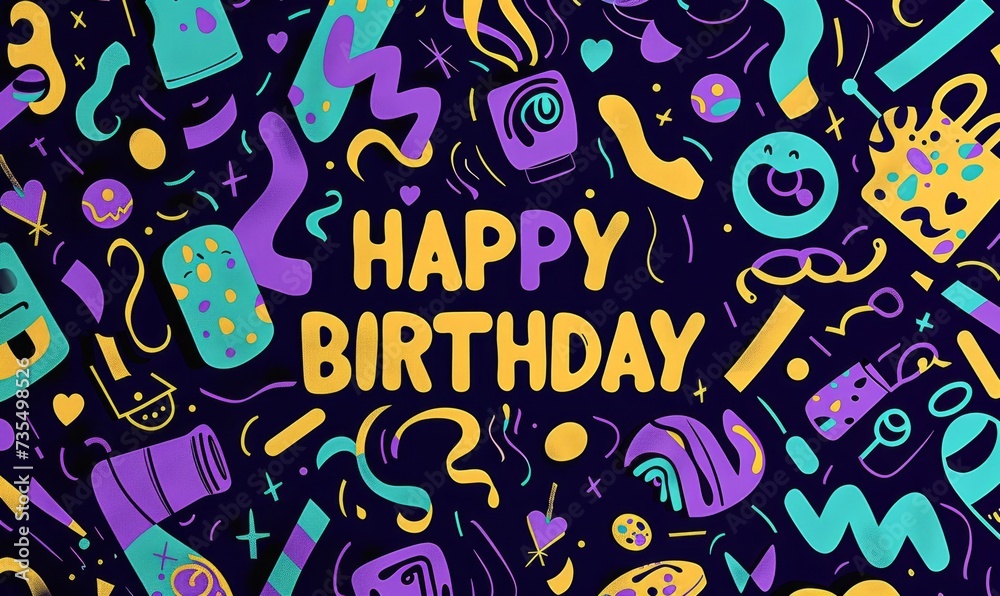 Happy birthday in the style of yellow and violet line and dot work Generative AI