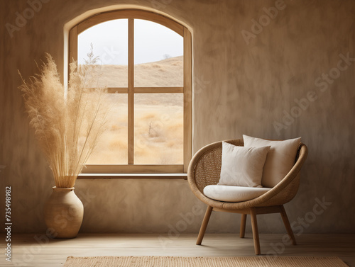 Serene Desert View From a Modern Earthen Interior, Wicker Chair. Minimalistic interior in warm colors. The best place to read a book. photo